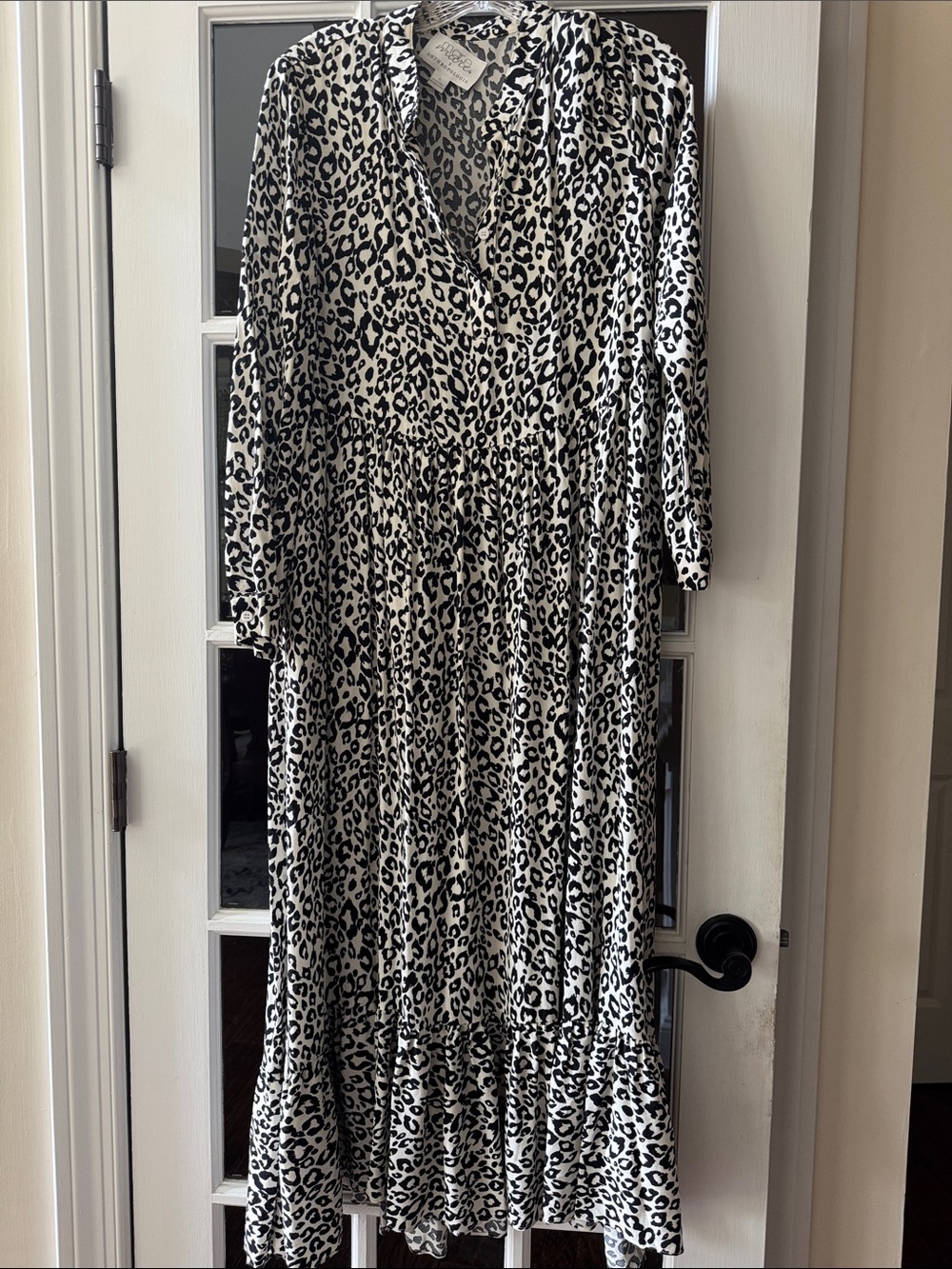Women's Black & White Leopard Print Maxi Dress with V-Neck Anthropologie